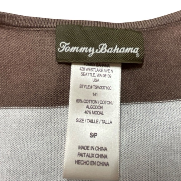 TOMMY BAHAMA Cotton Blend Brown Stripe Tunic Length Vee Neck Light Sweater Sz S - Picture 4 of 7